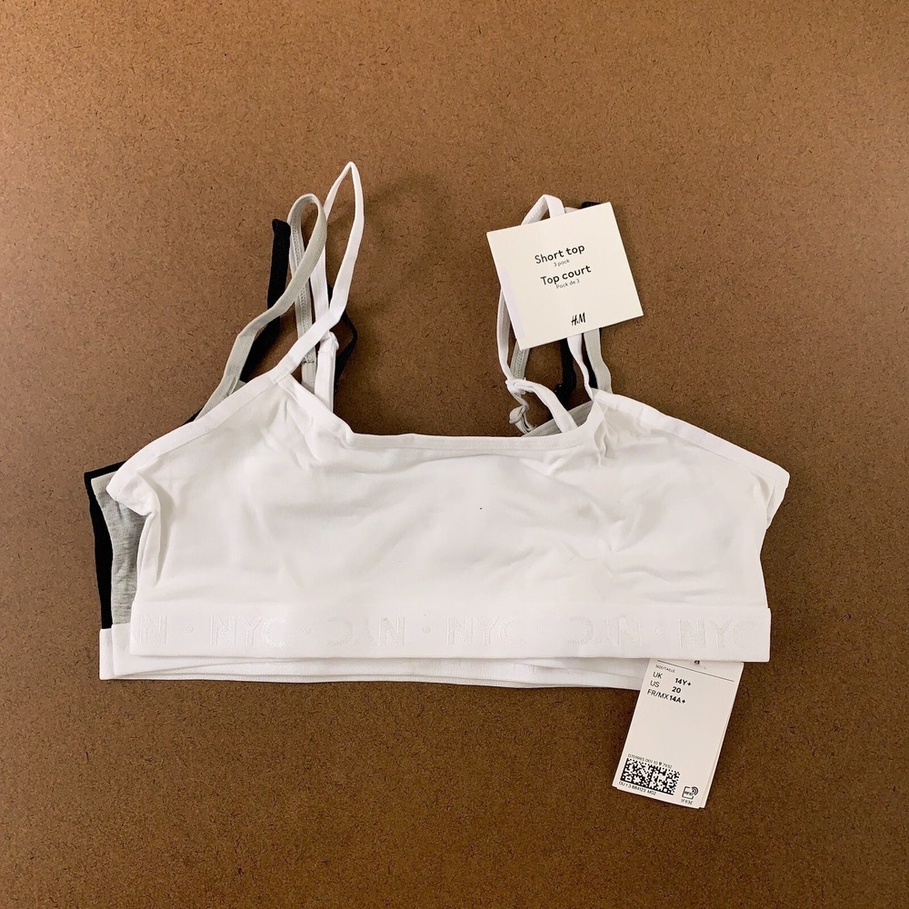 H&M Girls Size 20 Black White Gray Jersey Wireless Pullover Bralette 3 Pack NWT